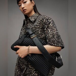 $395 All Saints Edbury Studded Leather Shoulder Bag purse gold tote black studs